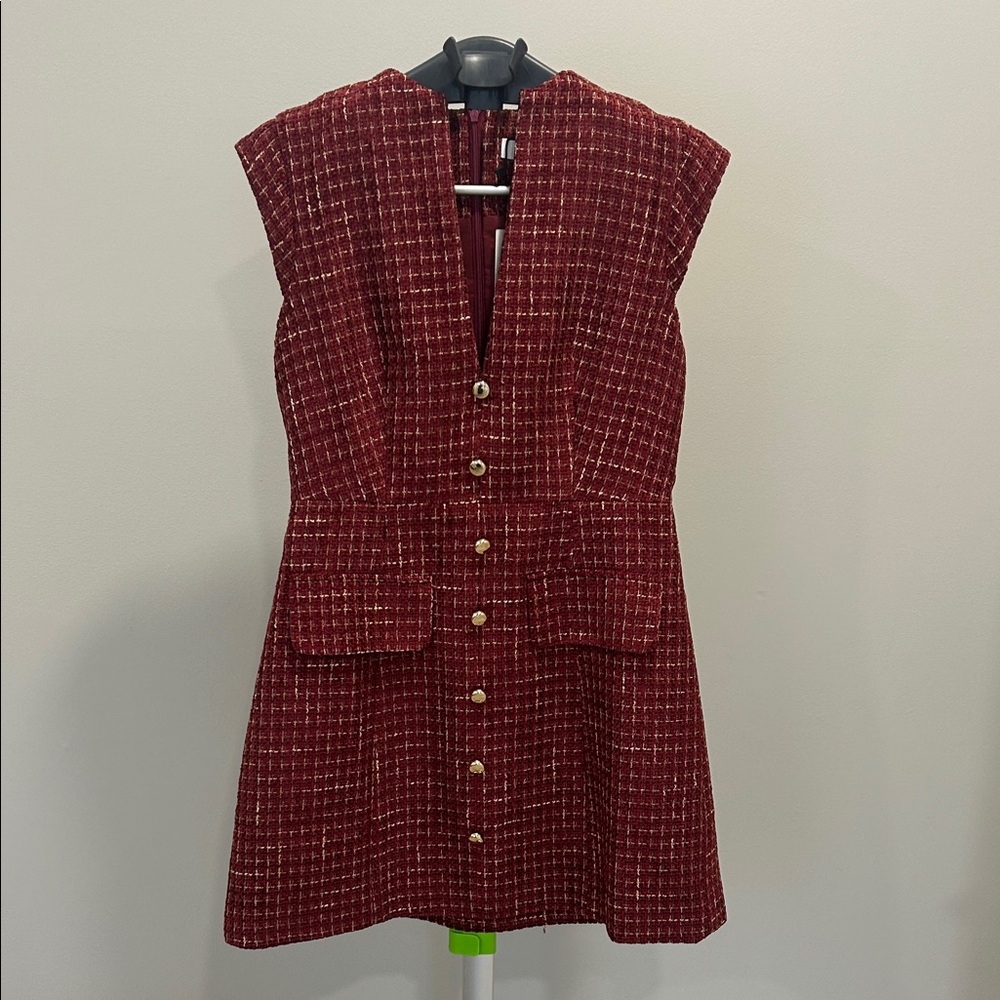 Commense Burgundy Tweed Dress with Gold Accents